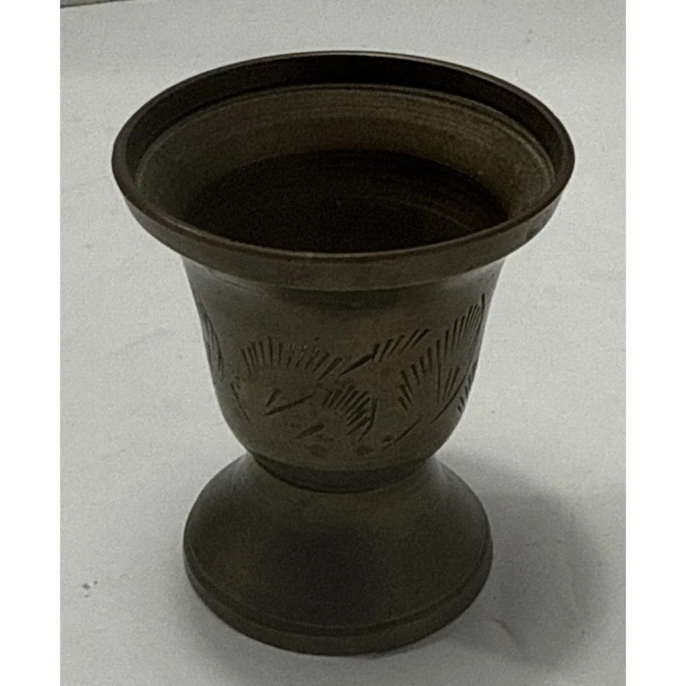 Vtg Etched Small Brass Cup/Apothecary Mortar/Ceremonial Chalice-India-2 1/8